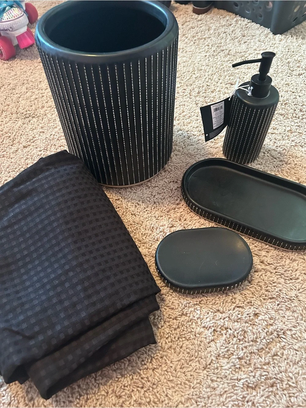 UGG Black and White Pinstripe Bath Vanity, trashcan, and curtain Set